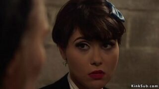 Lesbian nun Mona Wales unlocks sinner sister Audrey Noir and then chains her on her knees at prayer and whips her then fucks with strap on cock