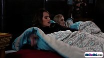 Brunette isnt pleased that her bfs stays over.She goes to bed and her sisinlaw joins her with a strapon.She cant resist and is fucked by it