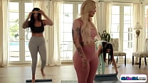 GirlDoGirl.com – Blonde tattooed yoga teacher kisses busty latina while helping her bff with a position.The lesbians suck boobs and give doggystyle oral pussy licking