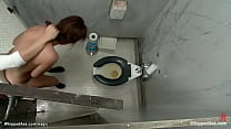 Pigtailed blonde lesbian girl Lea Lexis dominates and humiliates brunette co ed Alisha Adams in public toilet then anal fucks her with strapon